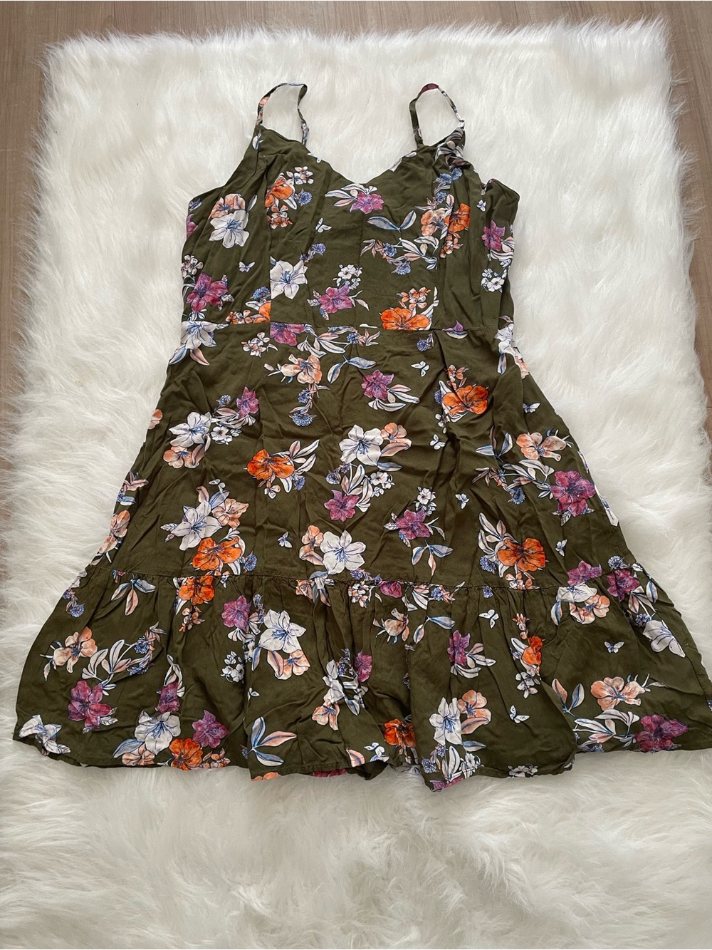 Floral Tie-Shoulder Olive Green Mini Dress - Picture 2 of 6